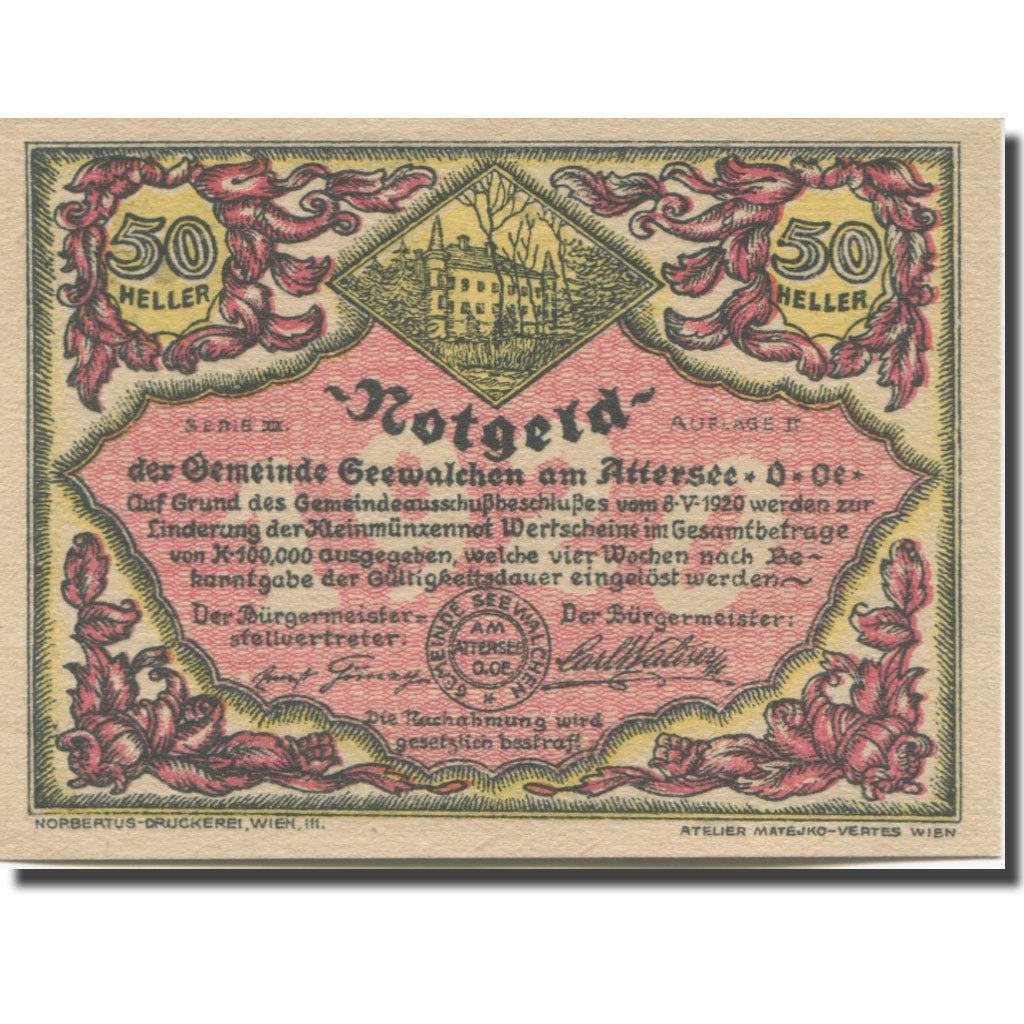 Banknote, Austria, Attersee, 50 Heller, voilier, 1920 UNC(65-70) Mehl:FS 988a