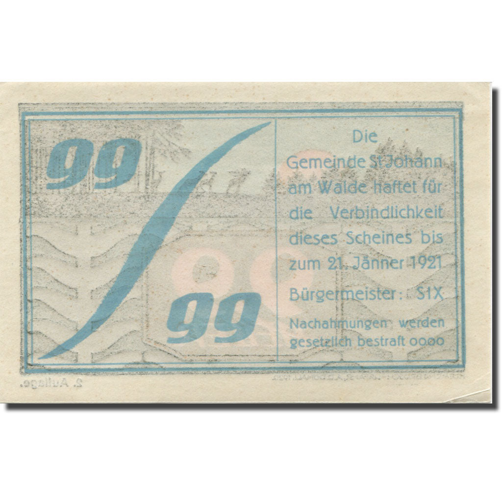 Banknote, Austria, St Johann, 99 Heller, Forêt, 1921 UNC(63) Mehl:FS 893a