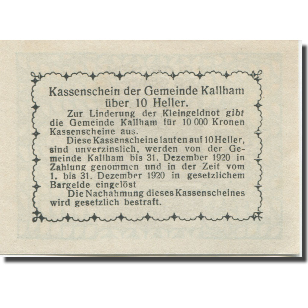 Banknote, Austria, Kallham, 10 Heller, Maison, 1920 UNC(65-70) Mehl:FS 422a