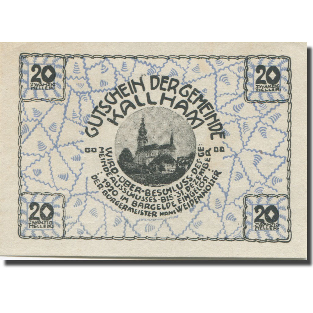 Banknote, Austria, Kallham, 20 Heller, Eglise, 1920 UNC(65-70) Mehl:FS 422a