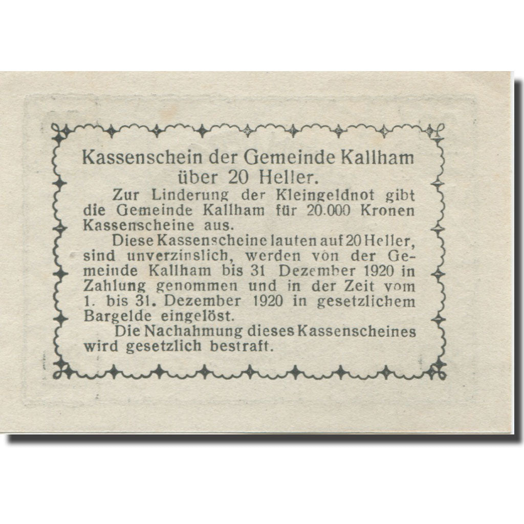 Banknote, Austria, Kallham, 20 Heller, Eglise, 1920 UNC(65-70) Mehl:FS 422a