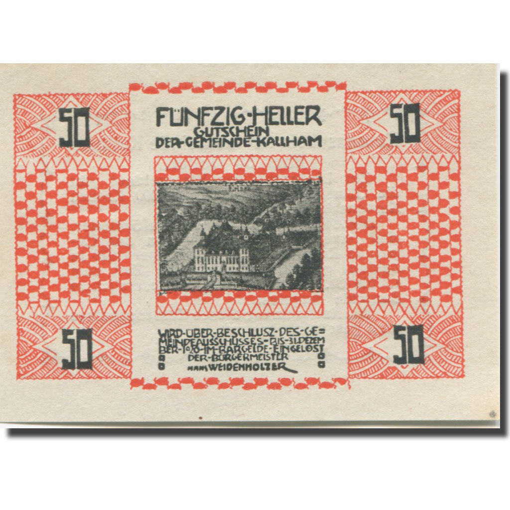 Banknote, Austria, Kallham, 50 Heller, château, 1920 UNC(65-70) Mehl:FS 422a
