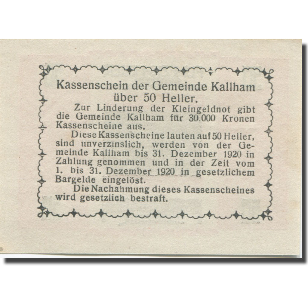 Banknote, Austria, Kallham, 50 Heller, château, 1920 UNC(65-70) Mehl:FS 422a