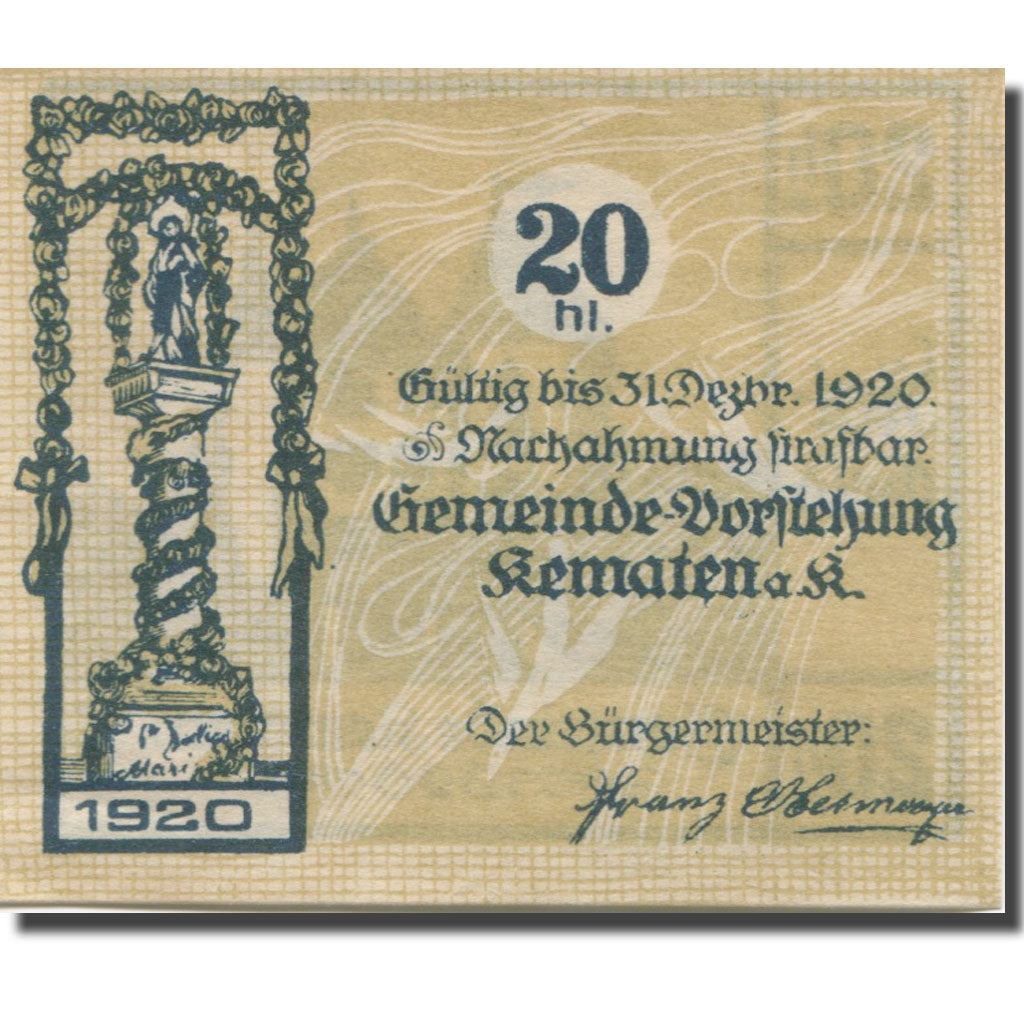 Banknote, Austria, KEMATEN, 20 Heller, château, 1920 UNC(63) Mehl:FS 430c