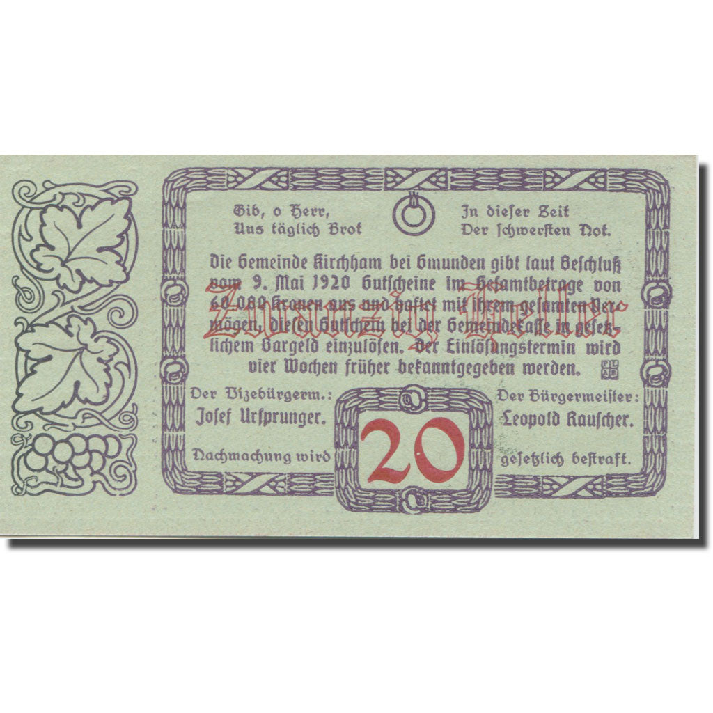 Banknote, Austria, Kirchham, 20 Heller, château, 1920 UNC(65-70) Mehl:FS 446