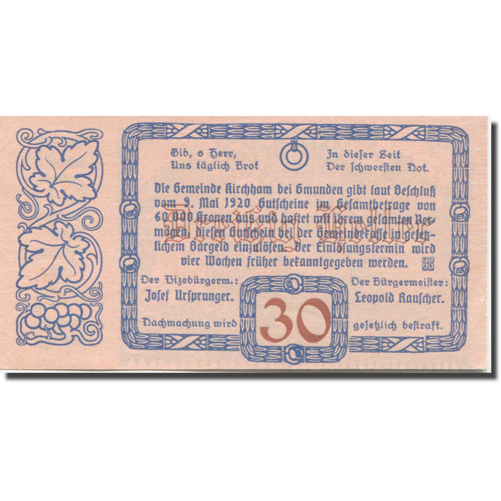 Banknote, Austria, Kirchham, 30 Heller, Eglise, 1920  UNC(65-70) Mehl:FS 446