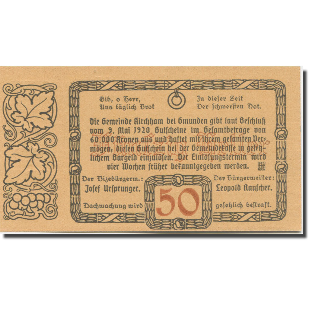 Banknote, Austria, Kirchham, 50 Heller, village, 1920 UNC(65-70) Mehl:FS 446