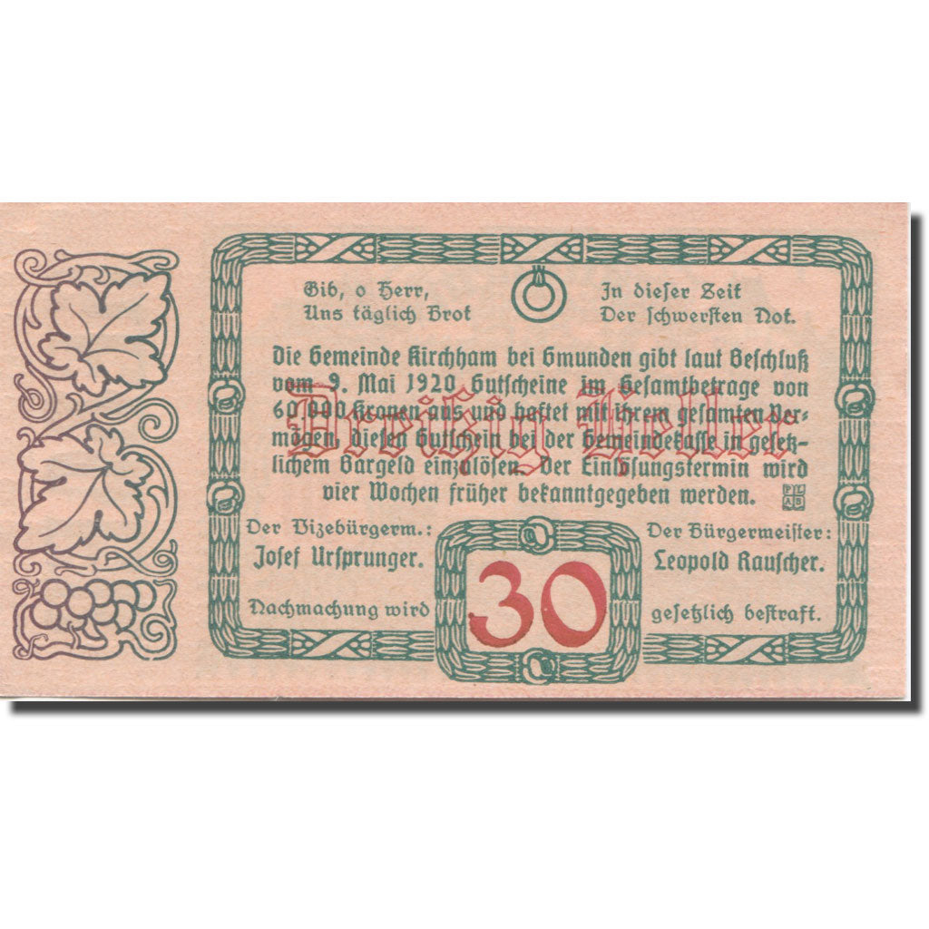 Banknote, Austria, Kirchham, 30 Heller, paysage, 1920 UNC(65-70) Mehl:FS 446