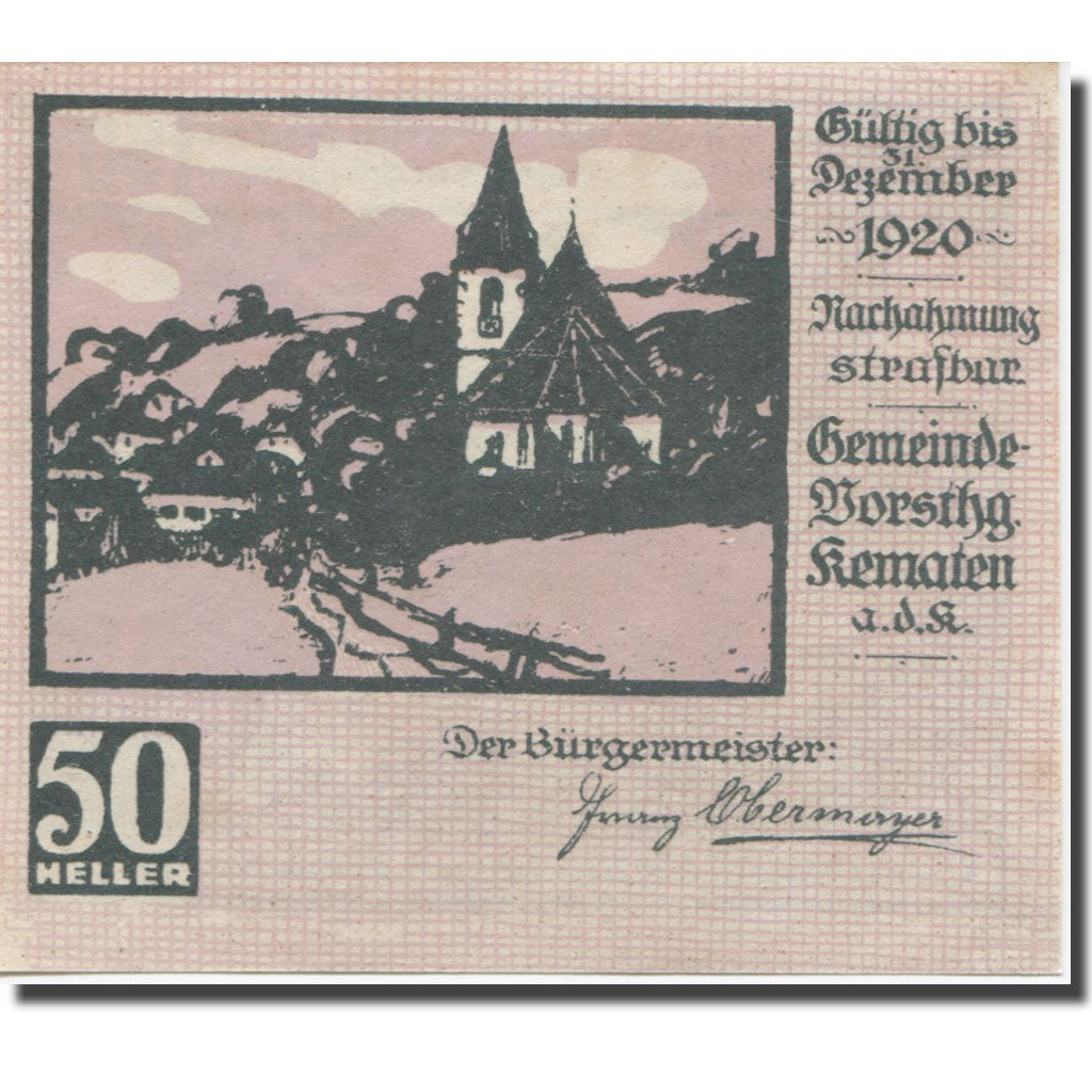 Banknote, Austria, KEMATEN, 50 Heller, Eglise, 1920 UNC(65-70) Mehl:FS 430b