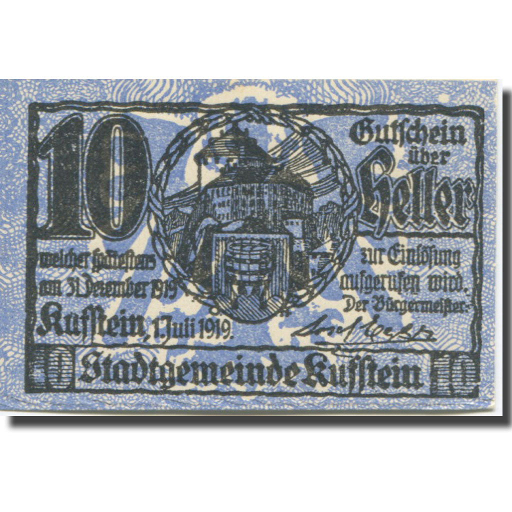 Banknote Austria Kufstein 10 Heller, château 1919-12-31, UNC(63) Mehl:FS 491c
