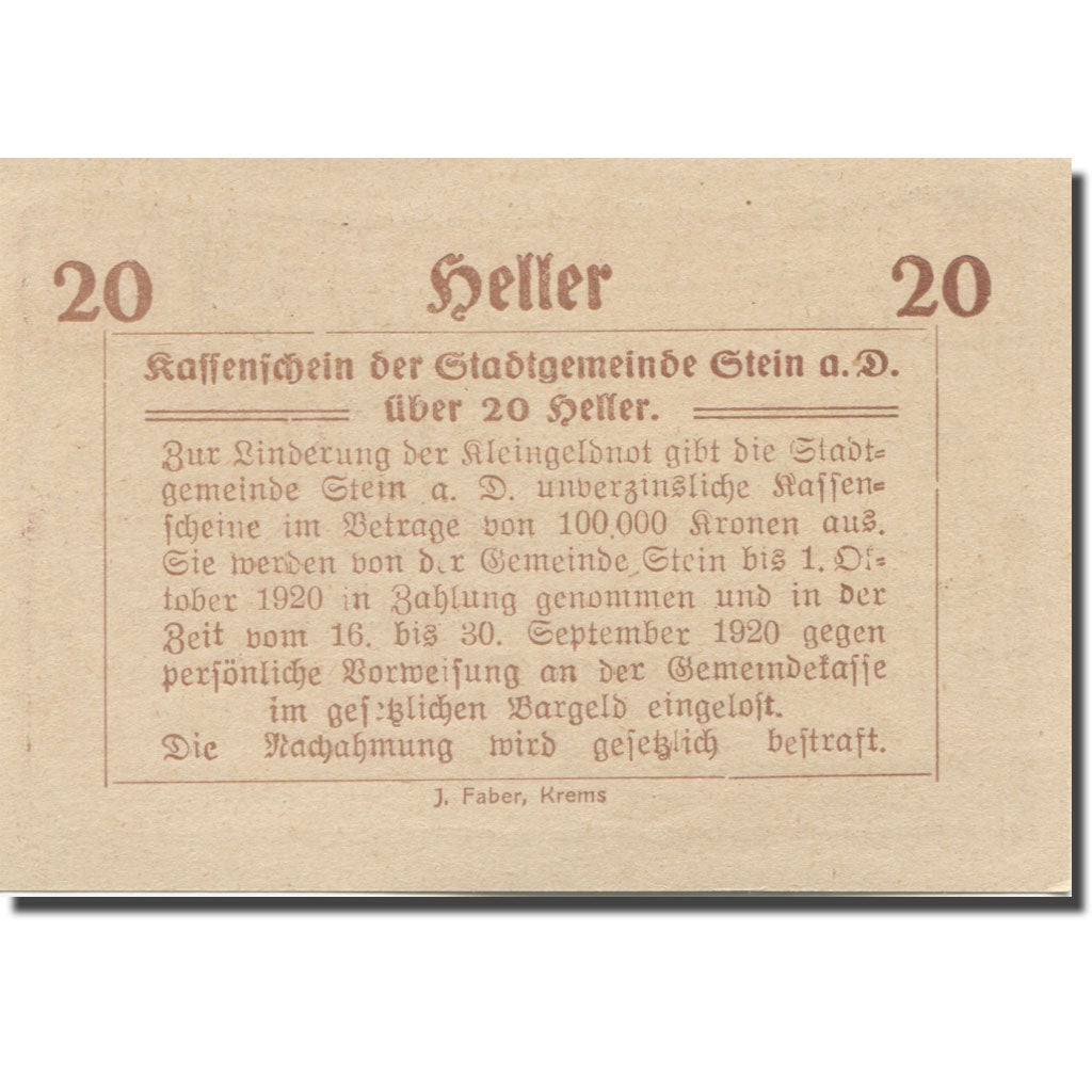 Banknote, Austria, Stein, 20 Heller, lac, 1920 UNC(65-70) Mehl:FS 1015I.2