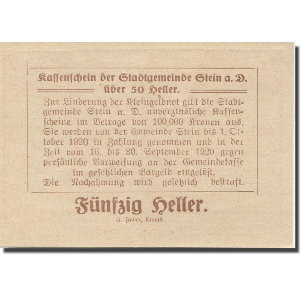 Banknote Austria Stein a/d Donau, 50 Heller rue 1920 UNC(65-70) Mehl:FS 1015I.2