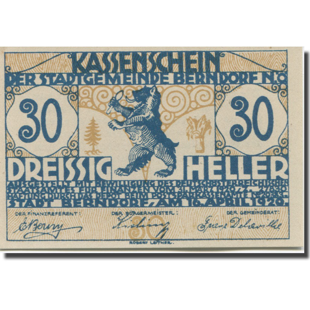 Banknote, Austria, Berndorf, 30 Heller, Blason, 1920, UNC(65-70) Mehl:FS 83a