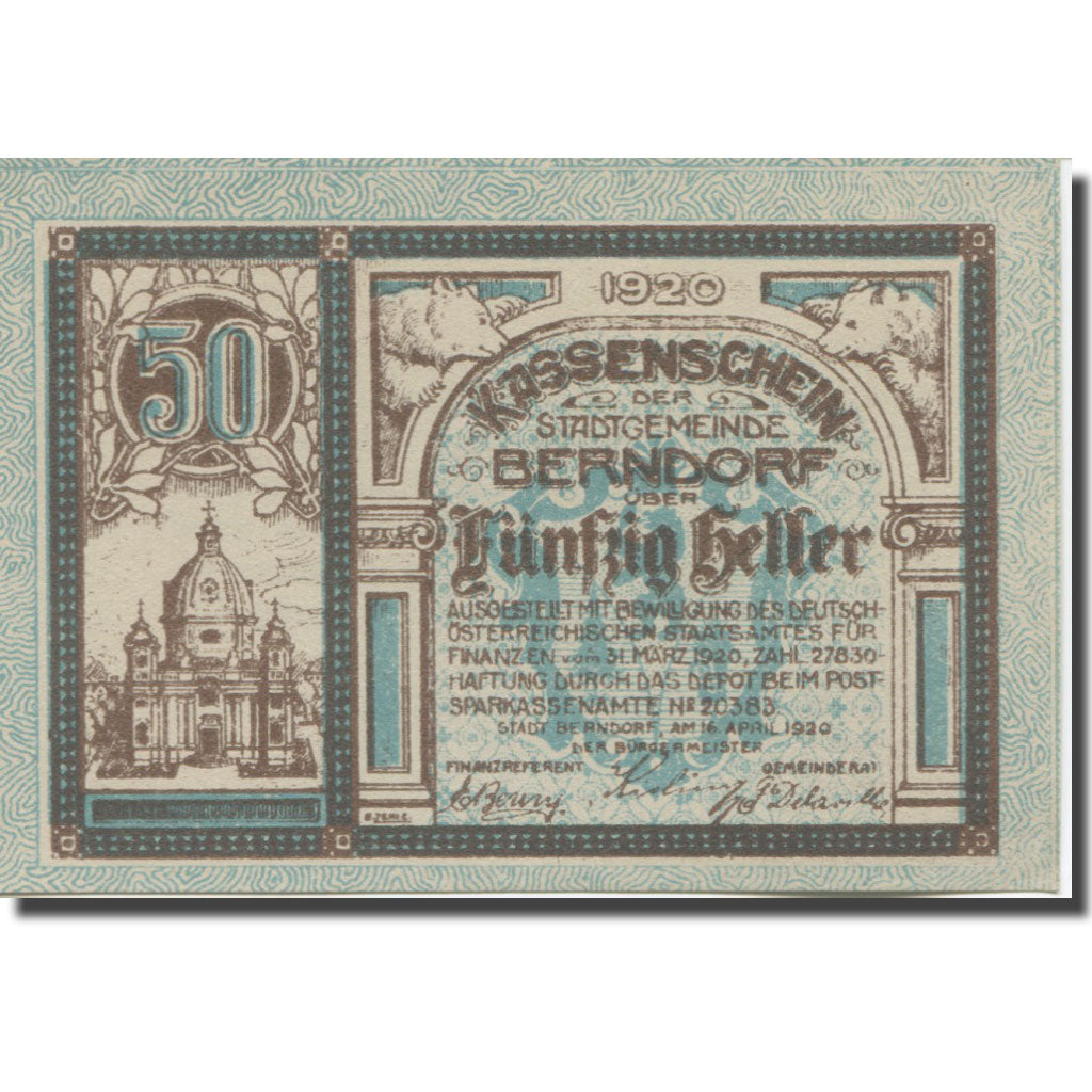 Banknote, Austria, Berndorf, 50 Heller, château, 1920 UNC(65-70) Mehl:FS 83a