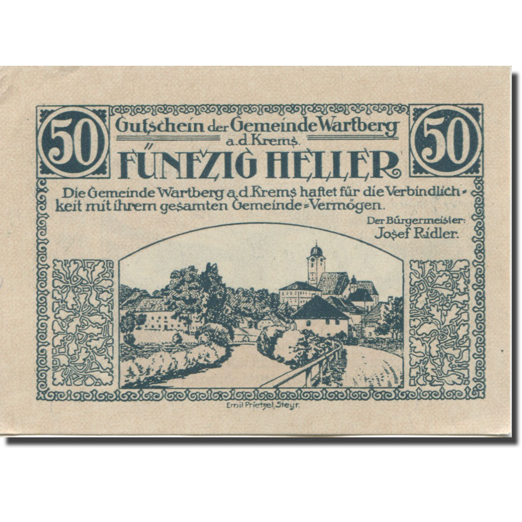 Banknote, Austria, Wartberg, 50 Heller, Eglise, 1921 UNC(63) Mehl:FS 1141a