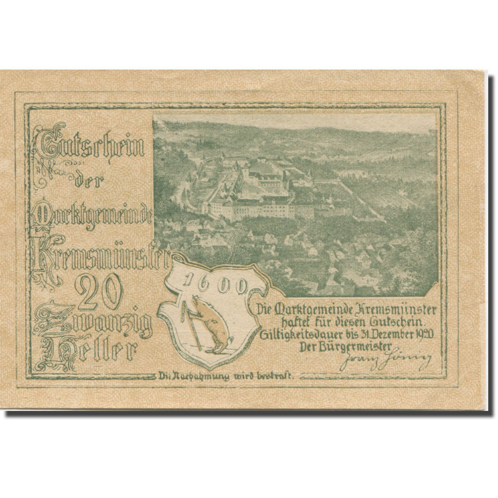 Banknote, Austria, Kremsmunster, 20 Heller, château, 1920 UNC(63) Mehl:FS 476II