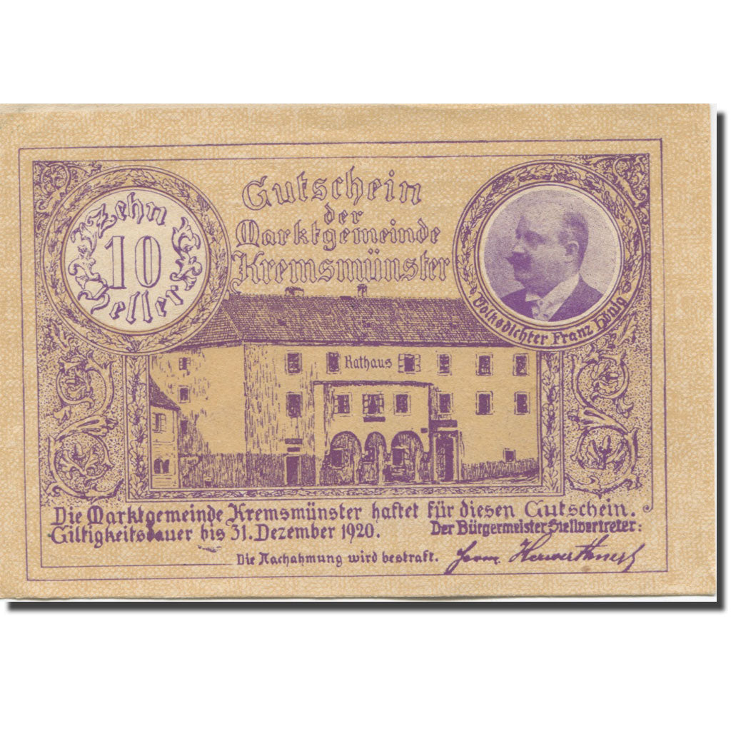 Banknote, Austria, Kremsmunster, 10 Heller, école, 1920 UNC(63) Mehl:FS 476II