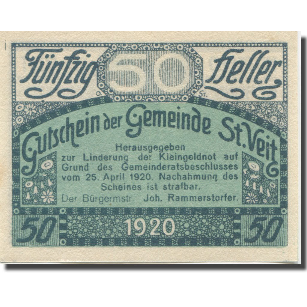 Banknote, Austria, St Veit, 50 Heller, rue, 1920 UNC(65-70) Mehl:FS 944a