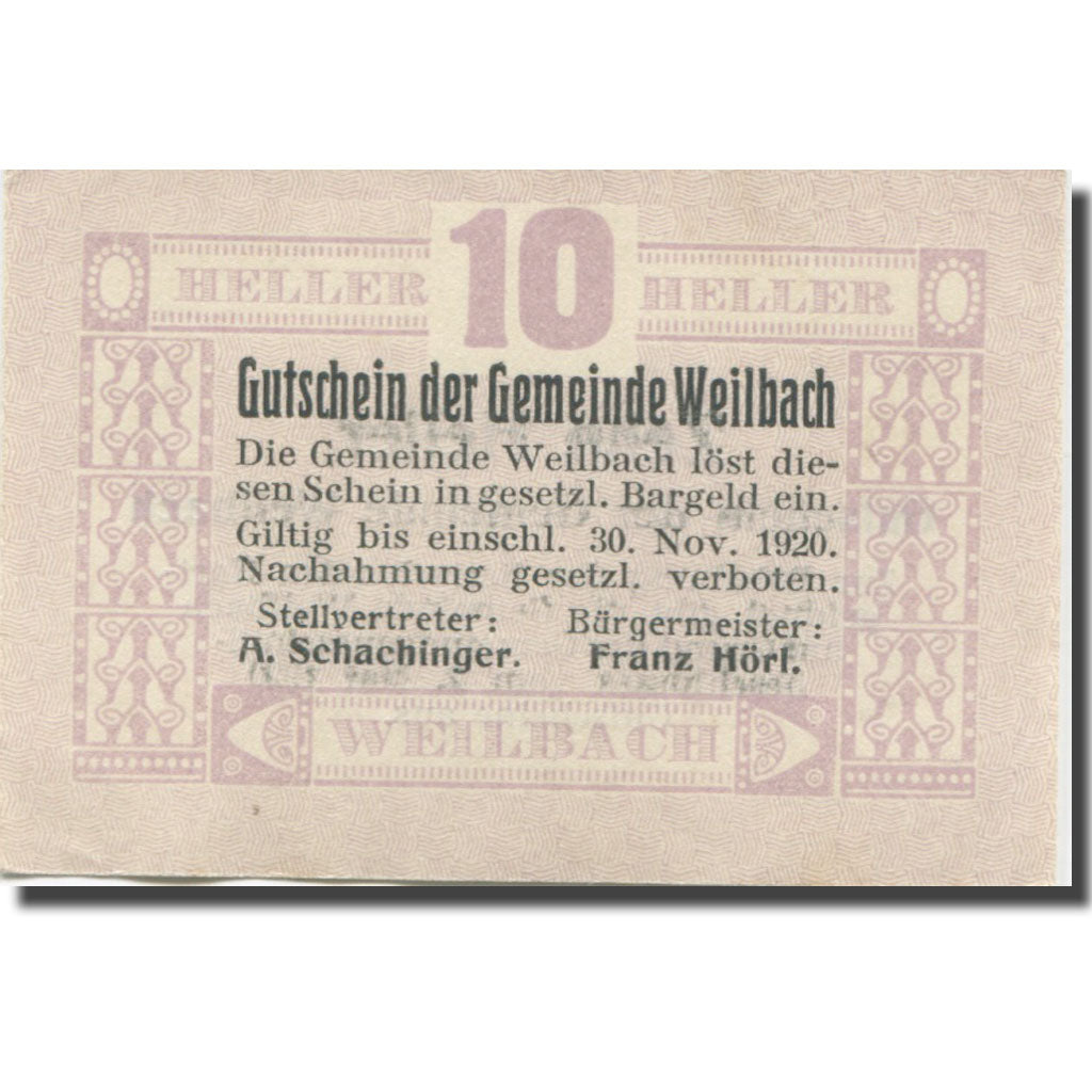 Banknote, Austria, Weilbach, 10 Heller, face value, 1920 UNC(63) Mehl:FS 1148