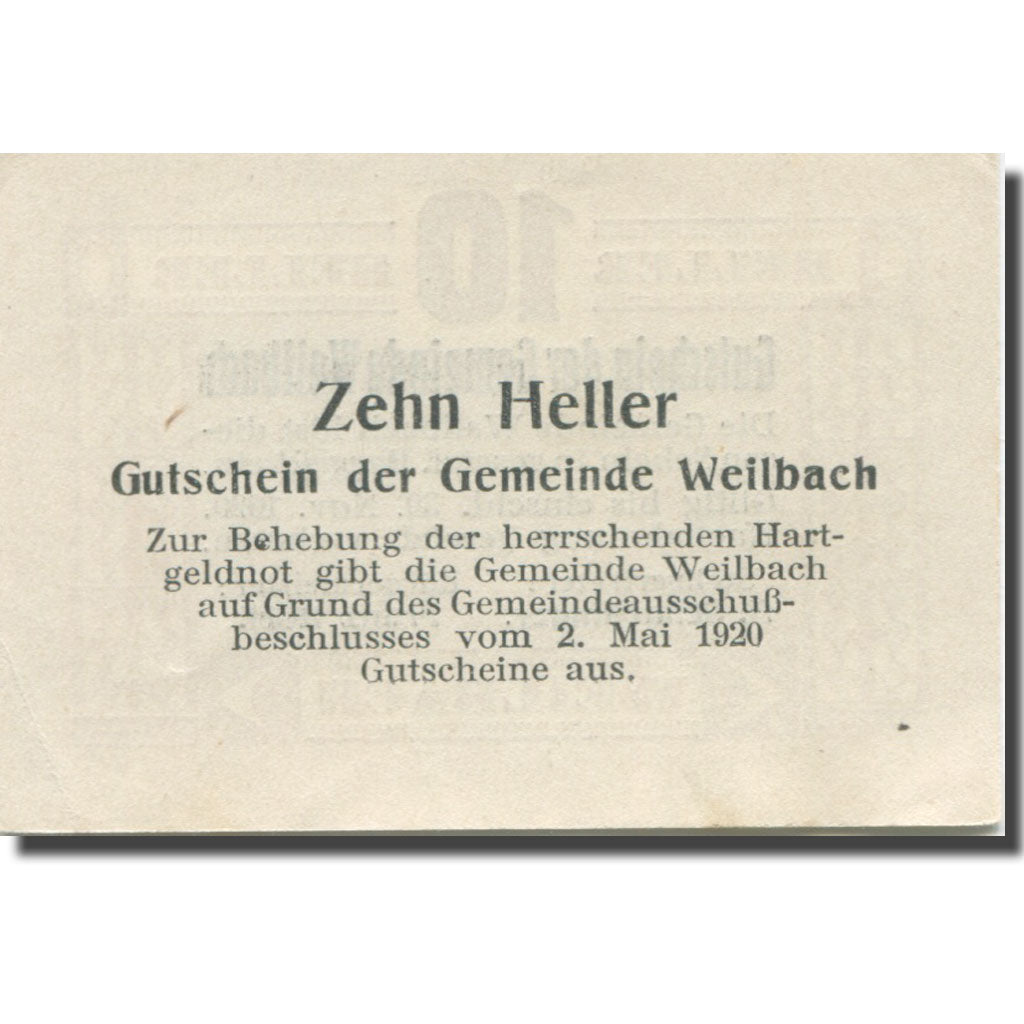 Banknote, Austria, Weilbach, 10 Heller, face value, 1920 UNC(63) Mehl:FS 1148