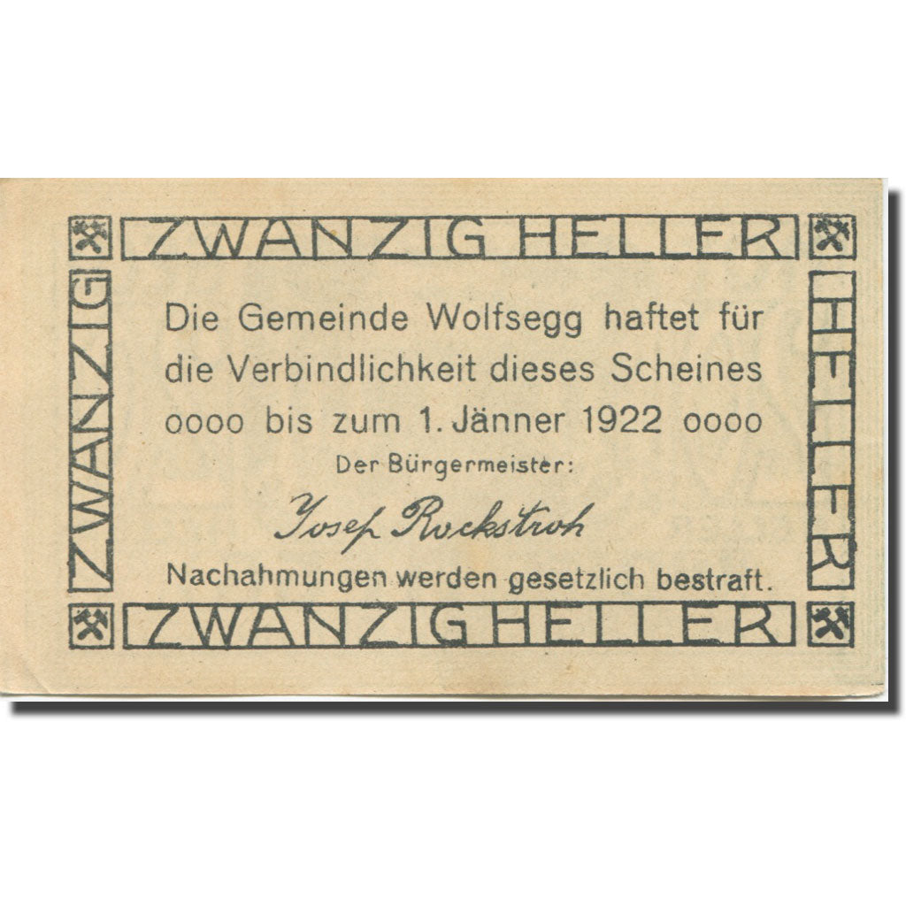 Banknote, Austria, Wolfsegg, 20 Heller, forêt 1, 1922 UNC(63) Mehl:FS 1250II