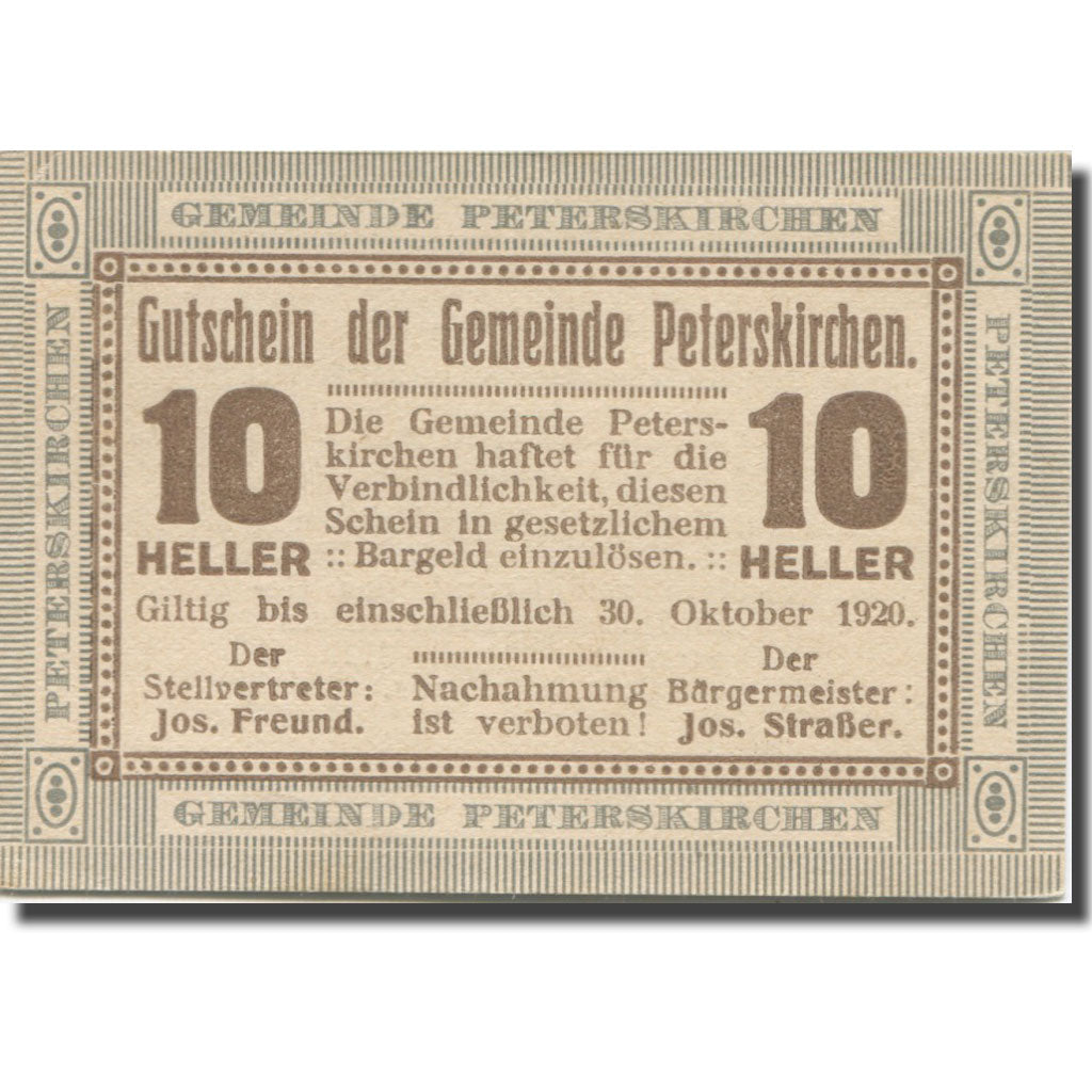 Banknote, Austria, Peterskirchen, 10 Heller 1920 UNC(65-70) Mehl:FS 736aC