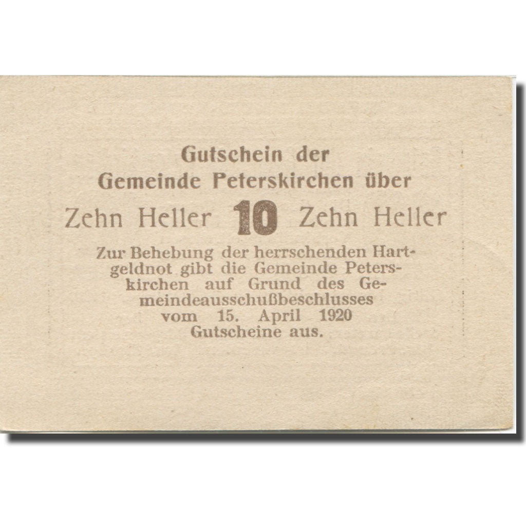 Banknote, Austria, Peterskirchen, 10 Heller 1920 UNC(65-70) Mehl:FS 736aC