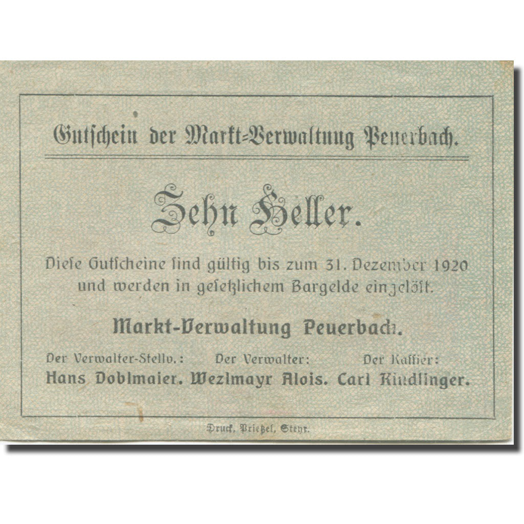 Banknote, Austria, Peuerbach, 10 Heller, village, 1920, AU(55-58) Mehl:FS 742I