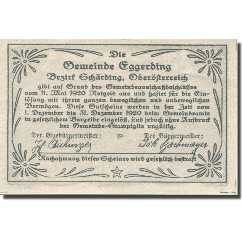 Banknote, Austria, Eggerding, 30 Heller, château, 1920 UNC(65-70) Mehl:FS 166a