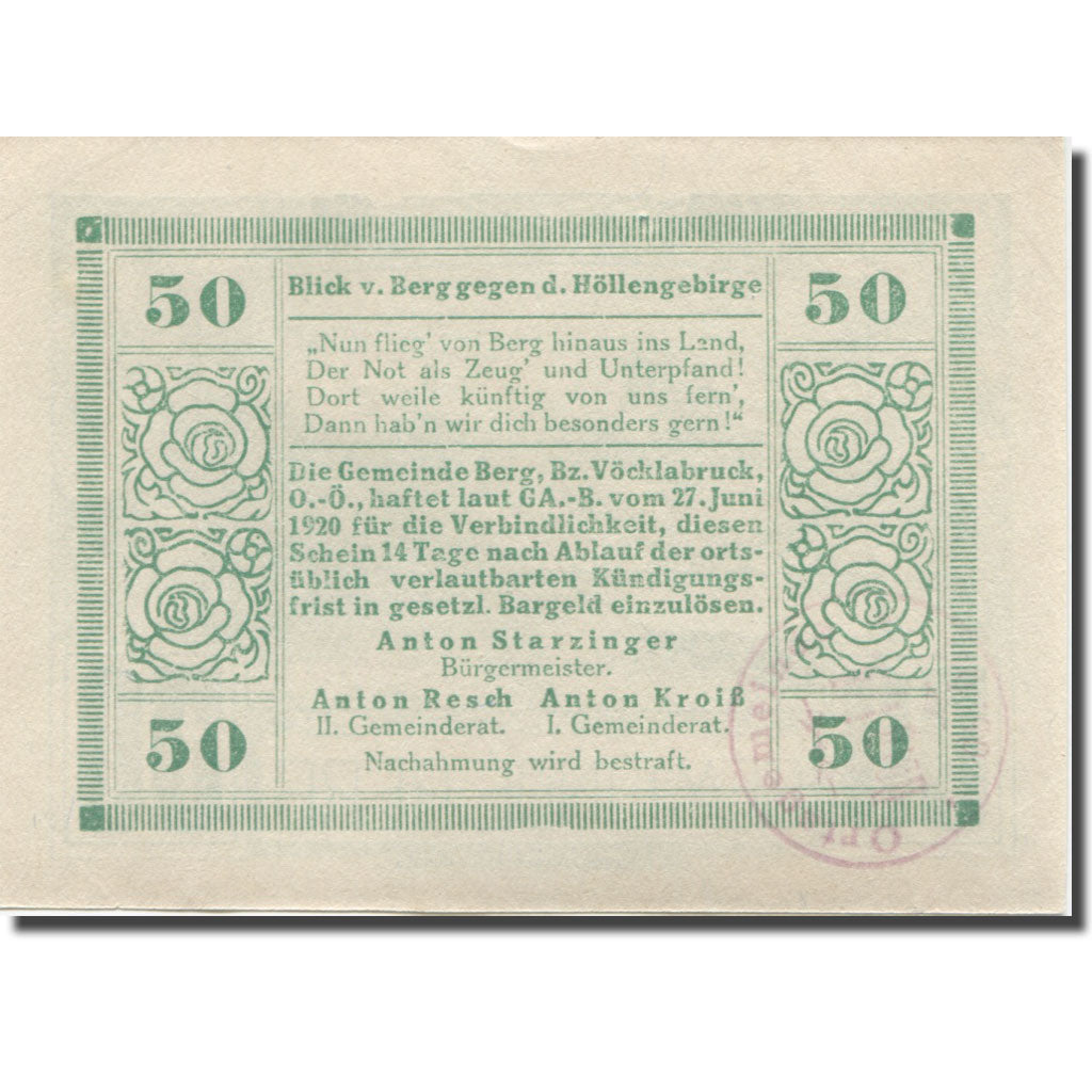 Banknote, Austria, Berg, 50 Heller, montagne 1920 UNC(63), Mehl:FS 81b
