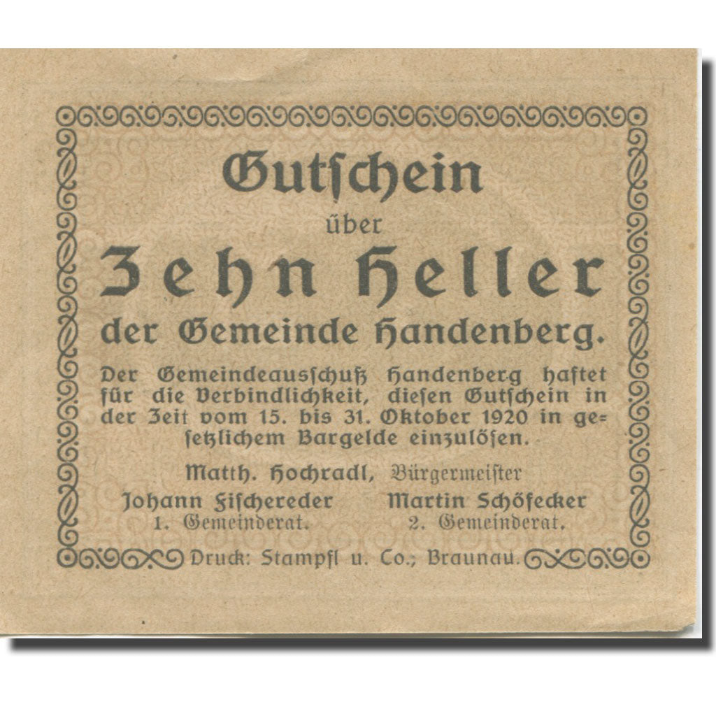 Banknote, Austria, Handenberg, 10 Heller, ferme, 1920 UNC(63) Mehl:FS 347a