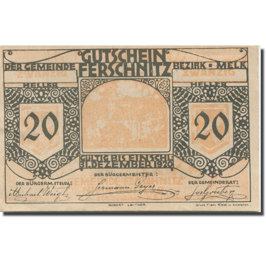Banknote, Austria, Ferschnitz, 20 Heller, Eglise 1920-12-31 UNC(63) Mehl:FS 198b