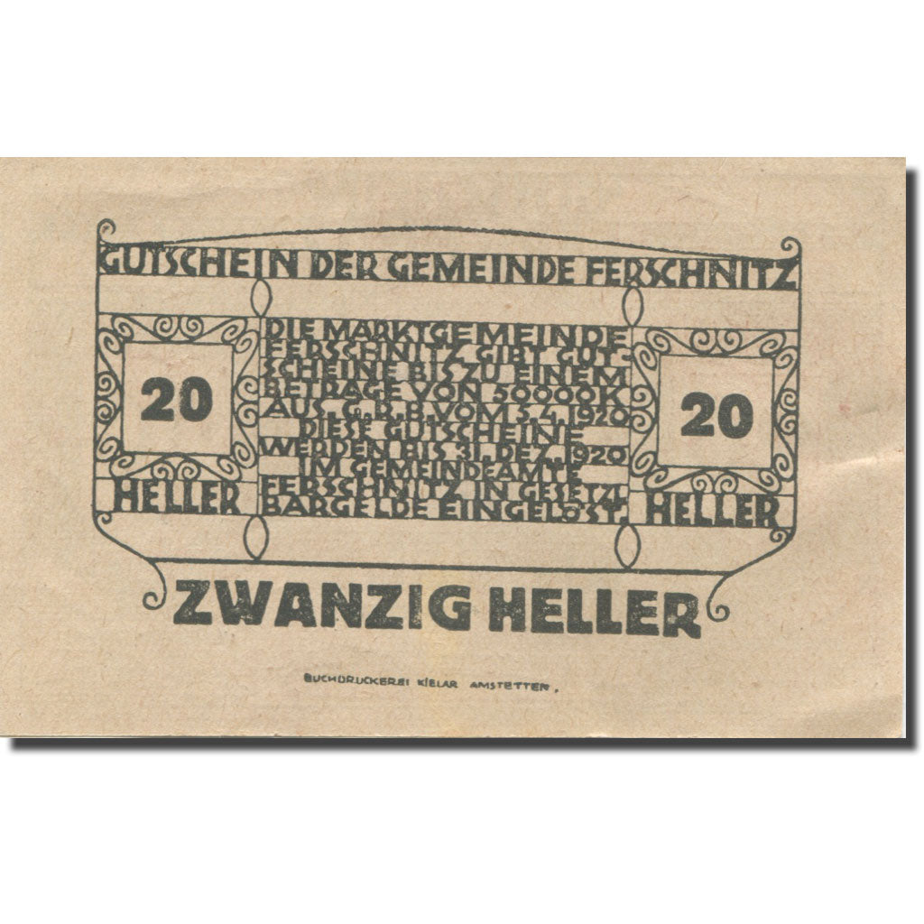 Banknote, Austria, Ferschnitz, 20 Heller, Eglise 1920-12-31 UNC(63) Mehl:FS 198b