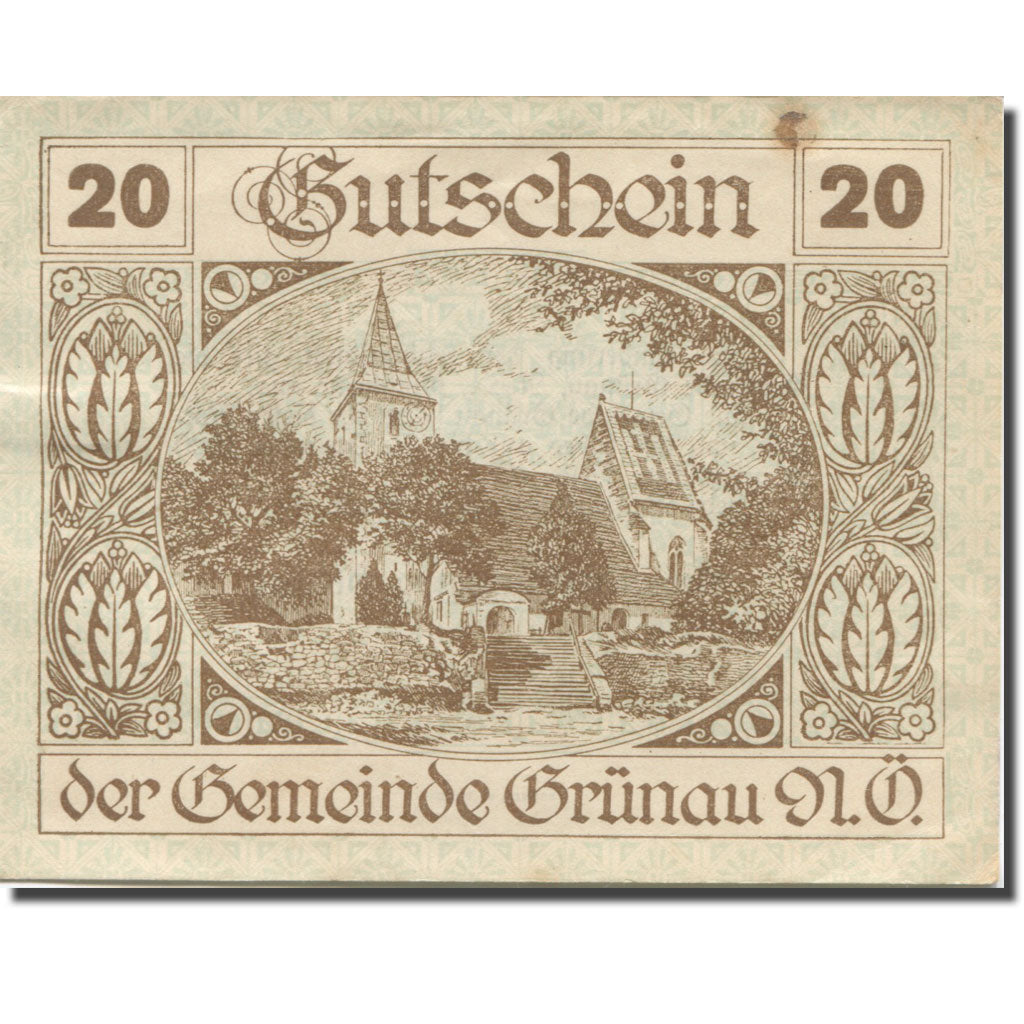 Banknote, Austria, Grünau, 20 Heller, Eglise, 1920 AU(55-58) Mehl:FS 299