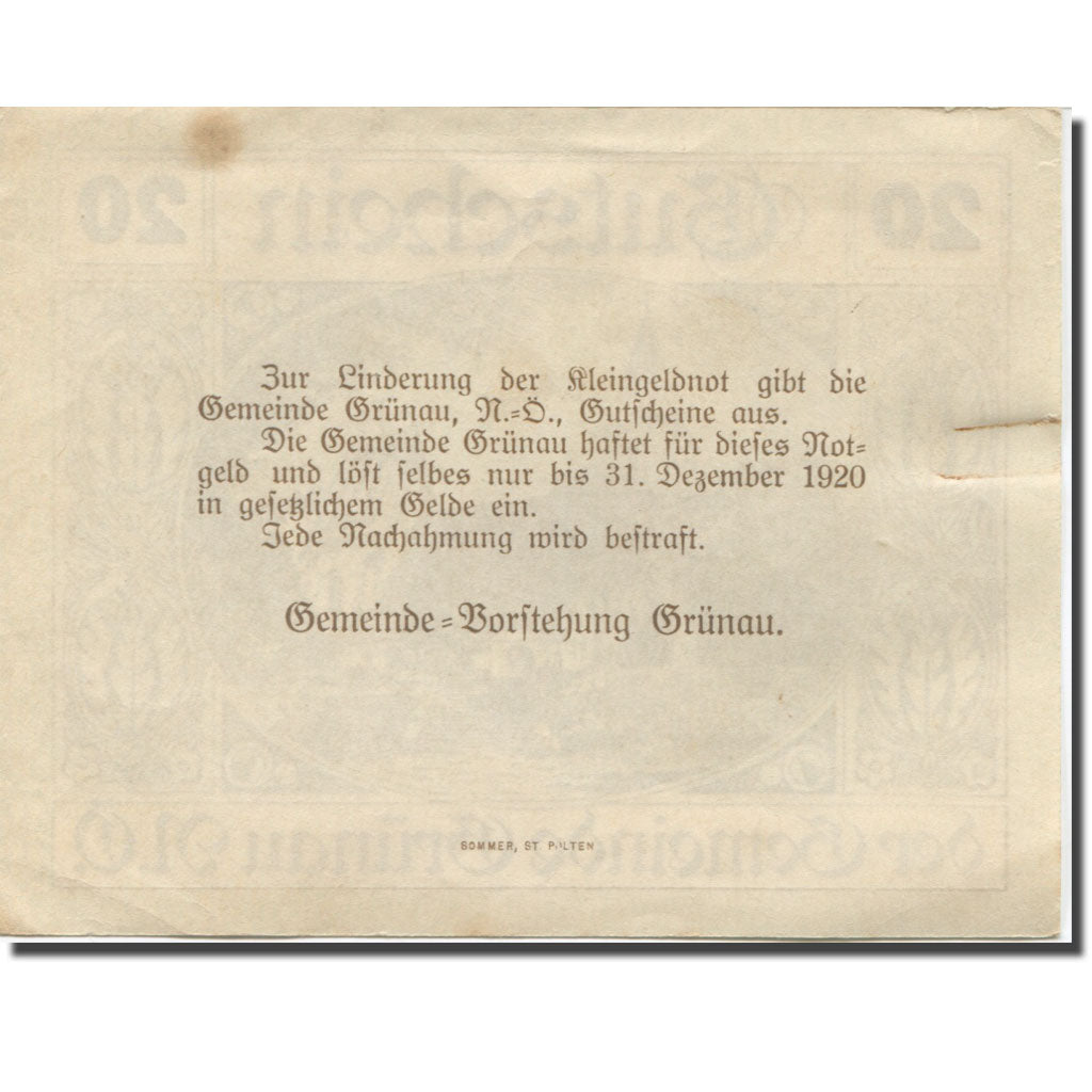 Banknote, Austria, Grünau, 20 Heller, Eglise, 1920 AU(55-58) Mehl:FS 299