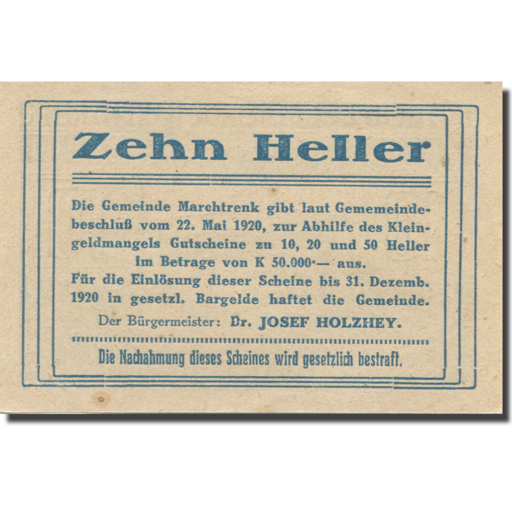 Banknote, Austria, marchtrenk, 10 Heller, table, 1920 UNC(63) Mehl:FS 581c