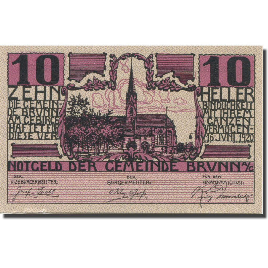 Banknote, Austria, Brunn, 10 Heller, Eglise, 1920 UNC(65-70) Mehl:FS 109a