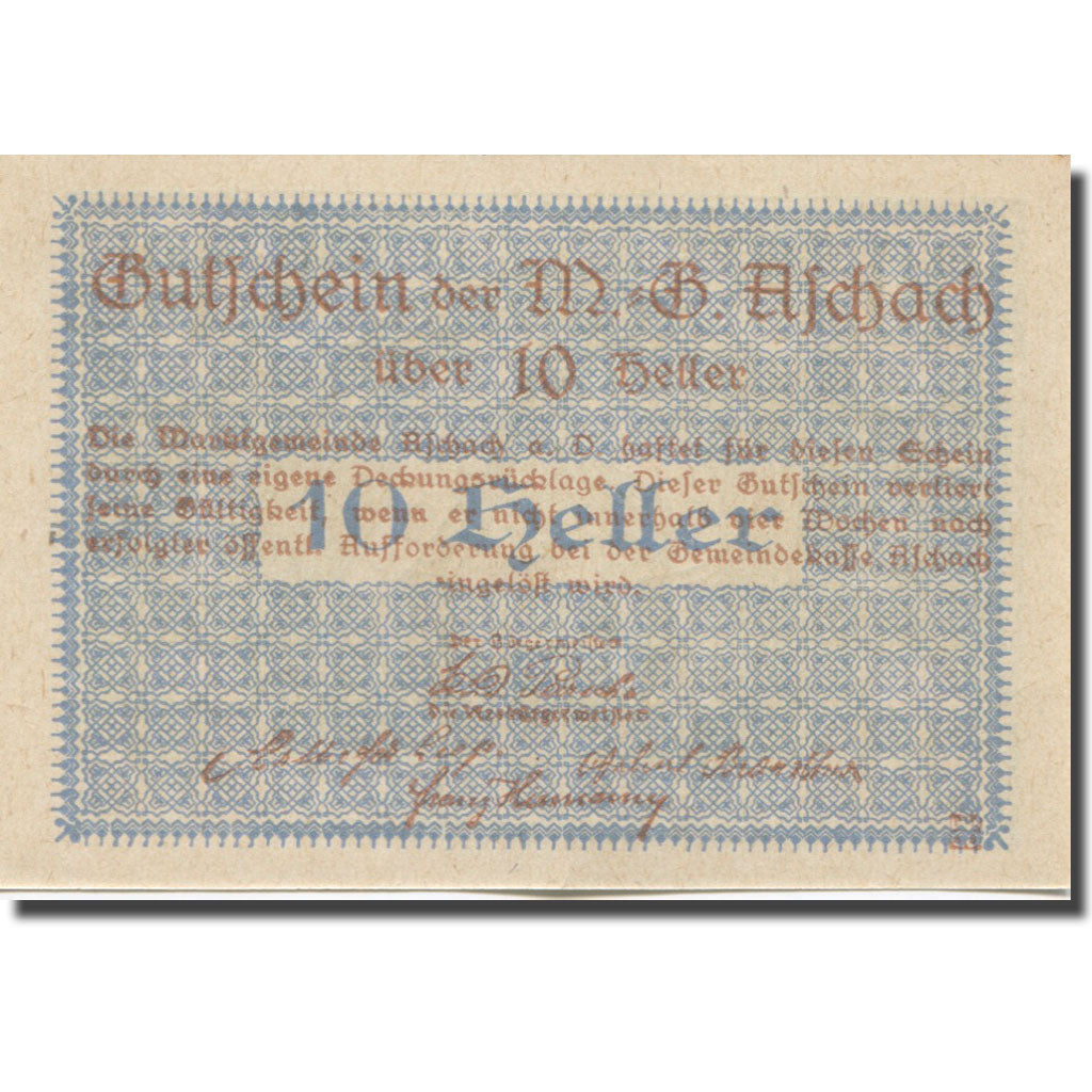 Banknote, Austria, Aschach, 10 Heller, Blason, 1920, UNC(65-70), Mehl:FS 53IIb20