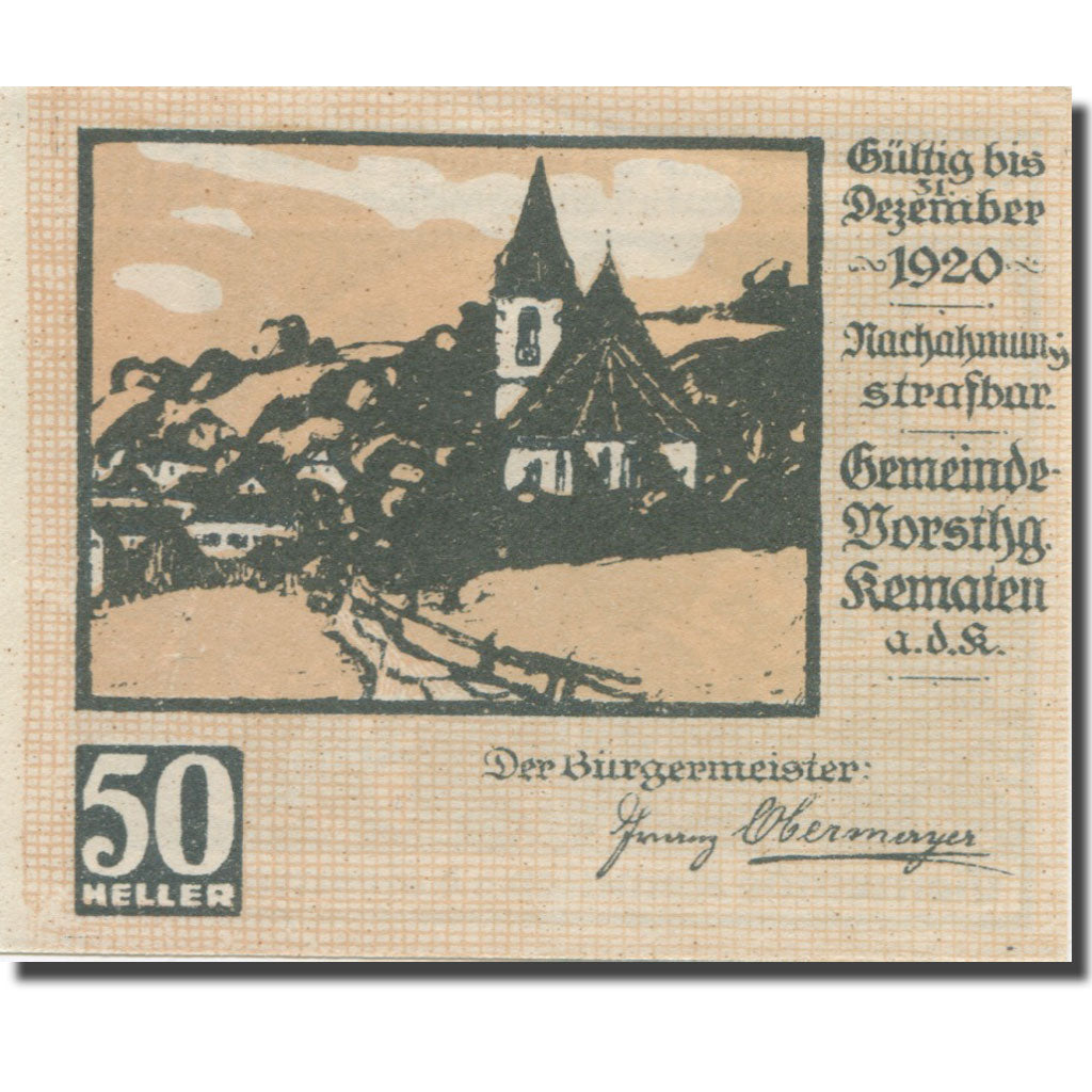Banknote, Austria, Kematen, 50 Heller, village, 1920 UNC(65-70) Mehl:FS 430e