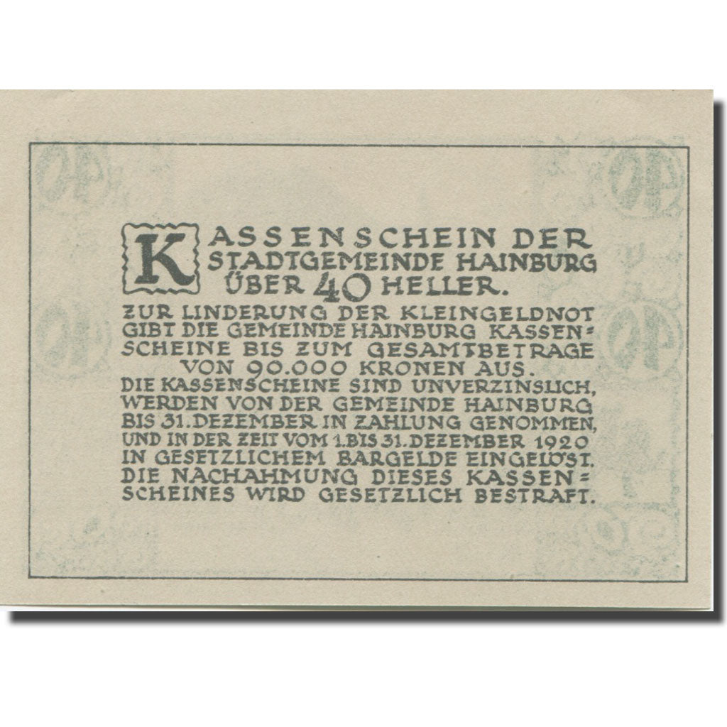 Banknote, Austria, Hainburg, 40 Heller, fleuve, 1920 UNC(65-70) Mehl:FS 337a