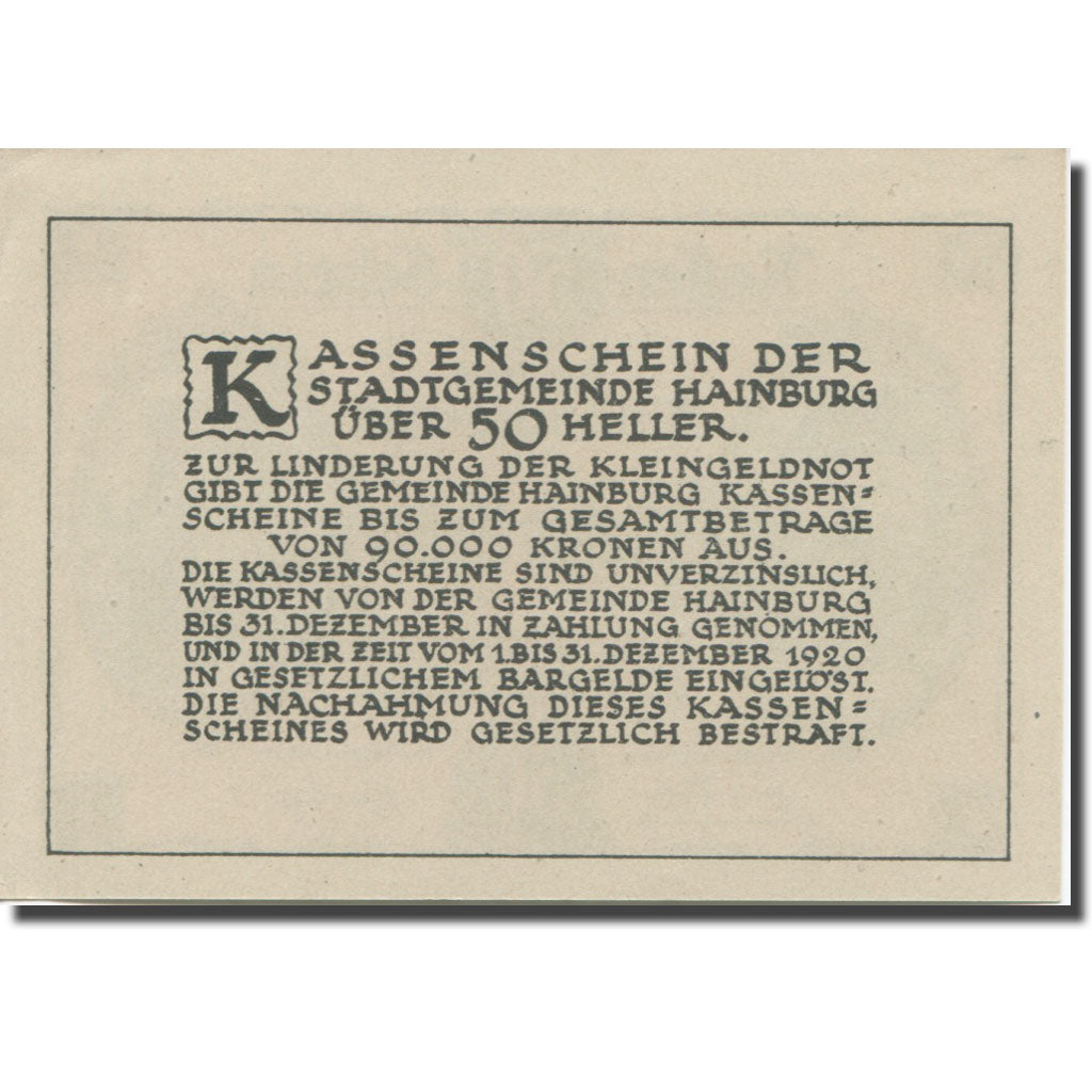 Banknote, Austria, Hainburg, 50 Heller, château, 1920 UNC(65-70) Mehl:FS 337a