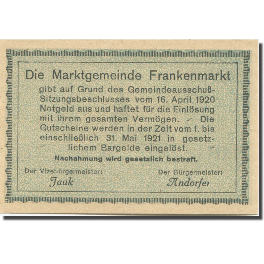 Banknote, Austria, Frankenmarkt, 50 Heller, Eglise, 1921 UNC(65-70) Mehl:FS 209a