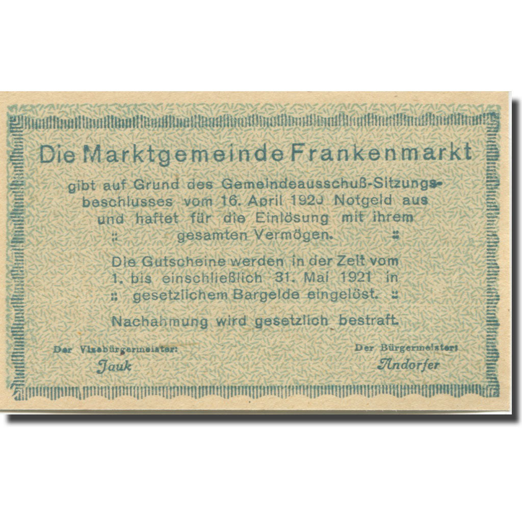 Banknote, Austria, Frankenmarkt, 20 Heller, rue, 1921 UNC(65-70) Mehl:FS 209a