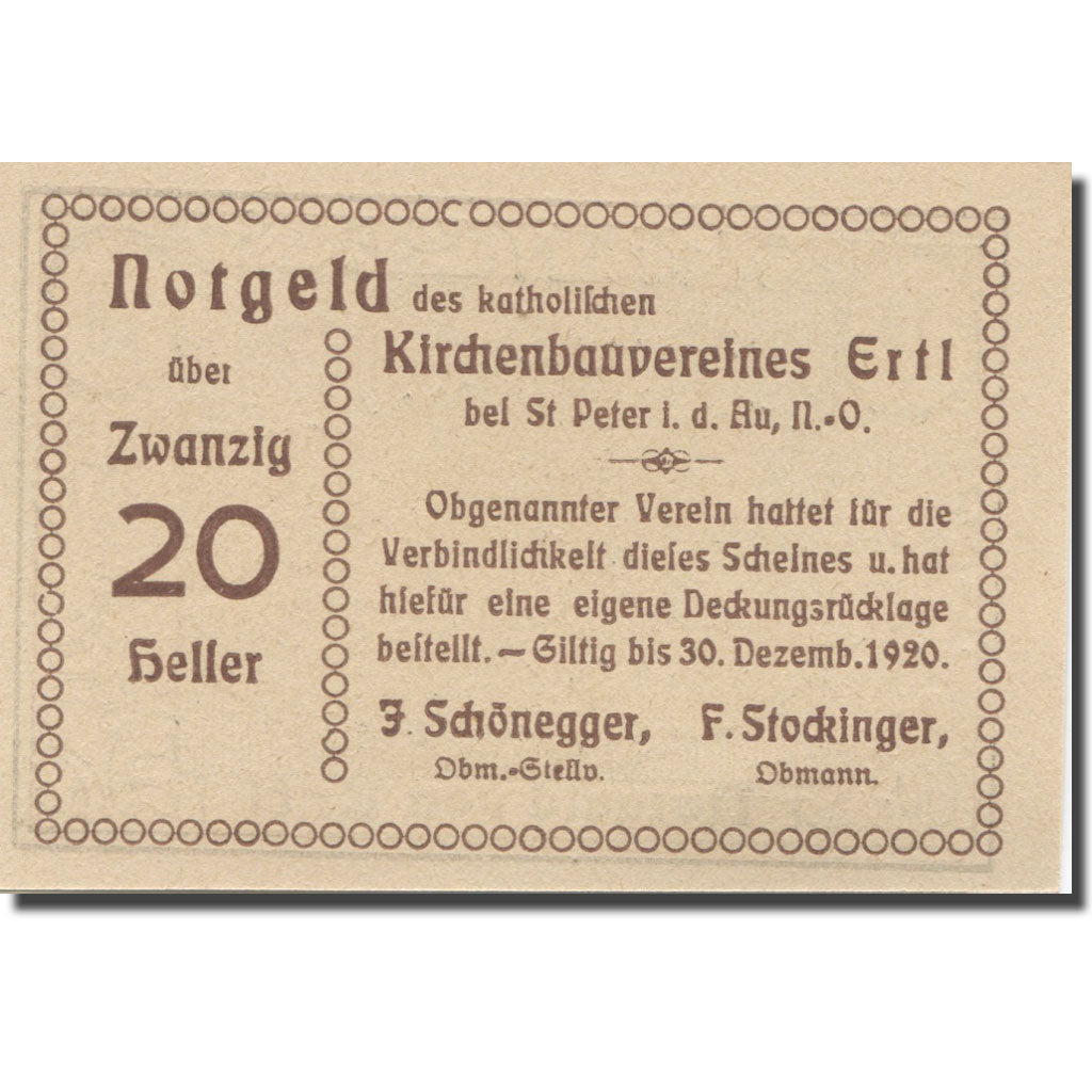 Banknote, Austria, Ertl, 20 Heller, paysage, 1920 UNC(65-70) Mehl:FS 185a