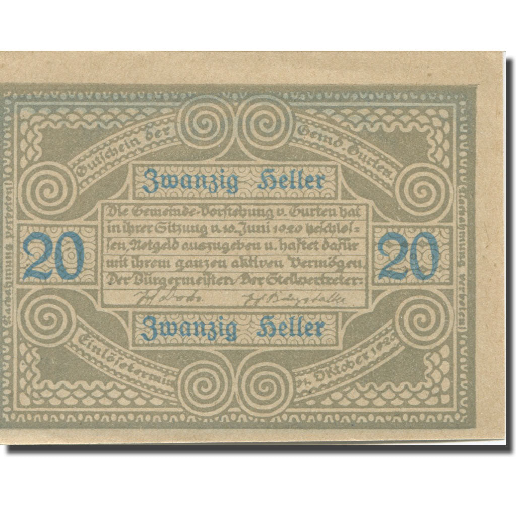 Banknote, Austria, Gurten, 20 Heller, personnage, 1920 UNC(65-70) Mehl:FS 312