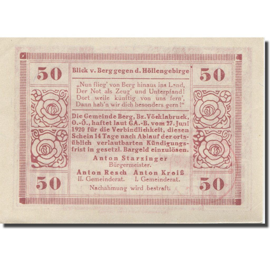Banknote, Austria, Berg, 50 Heller, montagne 1920-06-27, UNC(63) Mehl:FS 81a