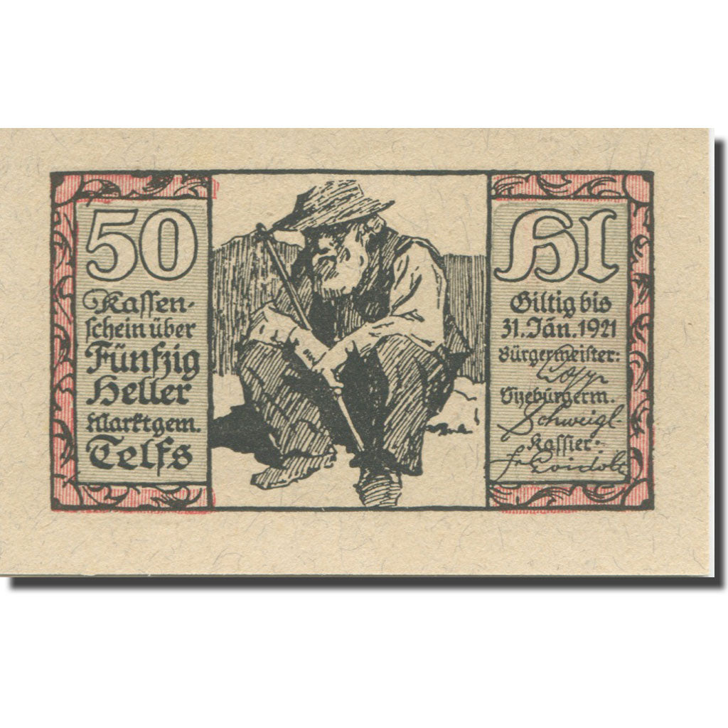 Banknote, Austria, Telfs, 50 Heller, personnage, 1920, UNC(65-70), Mehl:FS 1061a