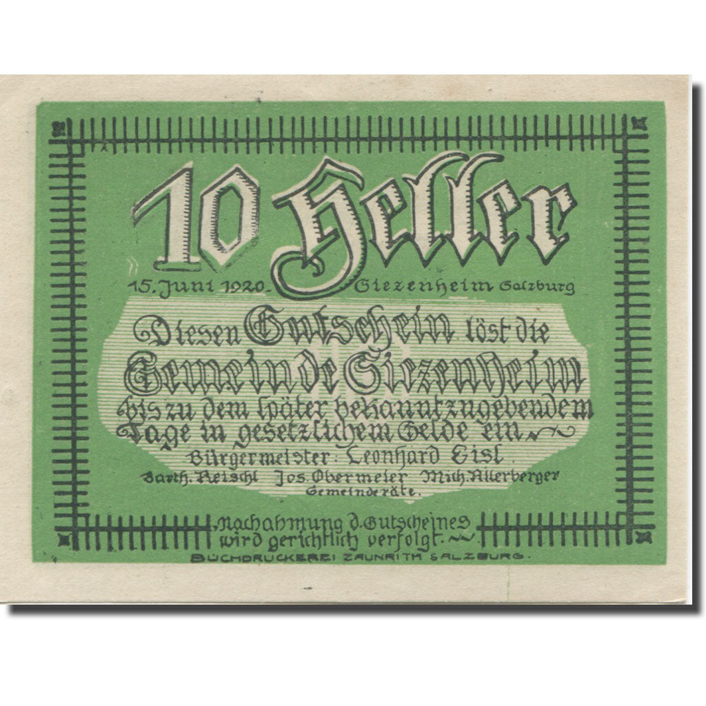 Banknote, Austria, Salzburg, 10 Heller, montagne, 1920 UNC(63) Mehl:FS 498