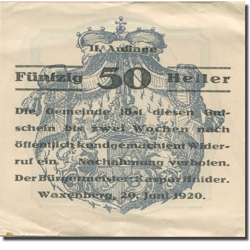 Banknote, Austria, Waxenberg, 50 Heller, Blason, 1920, EF(40-45) Mehl:FS 1144I
