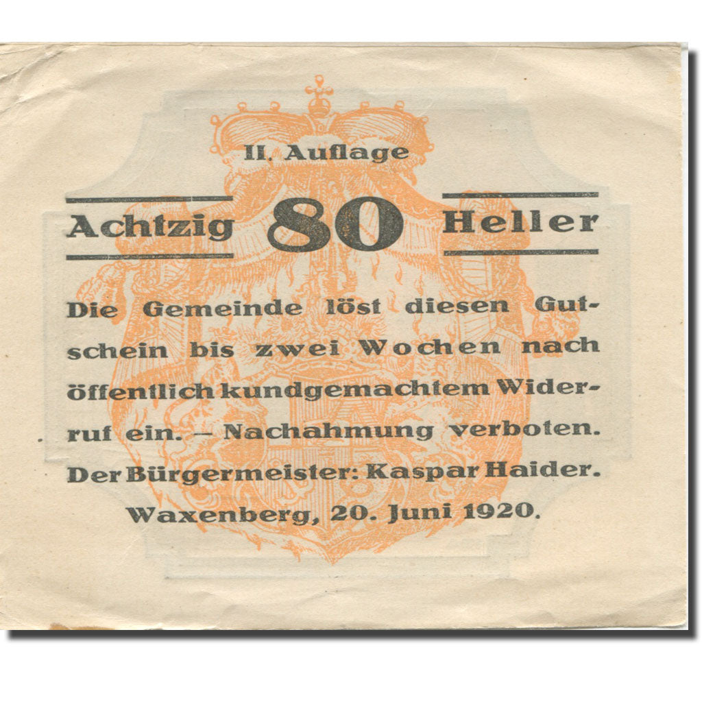 Banknote, Austria, Waxenberg, 80 Heller, fontaine, 1920 EF(40-45) Mehl:FS 1144I